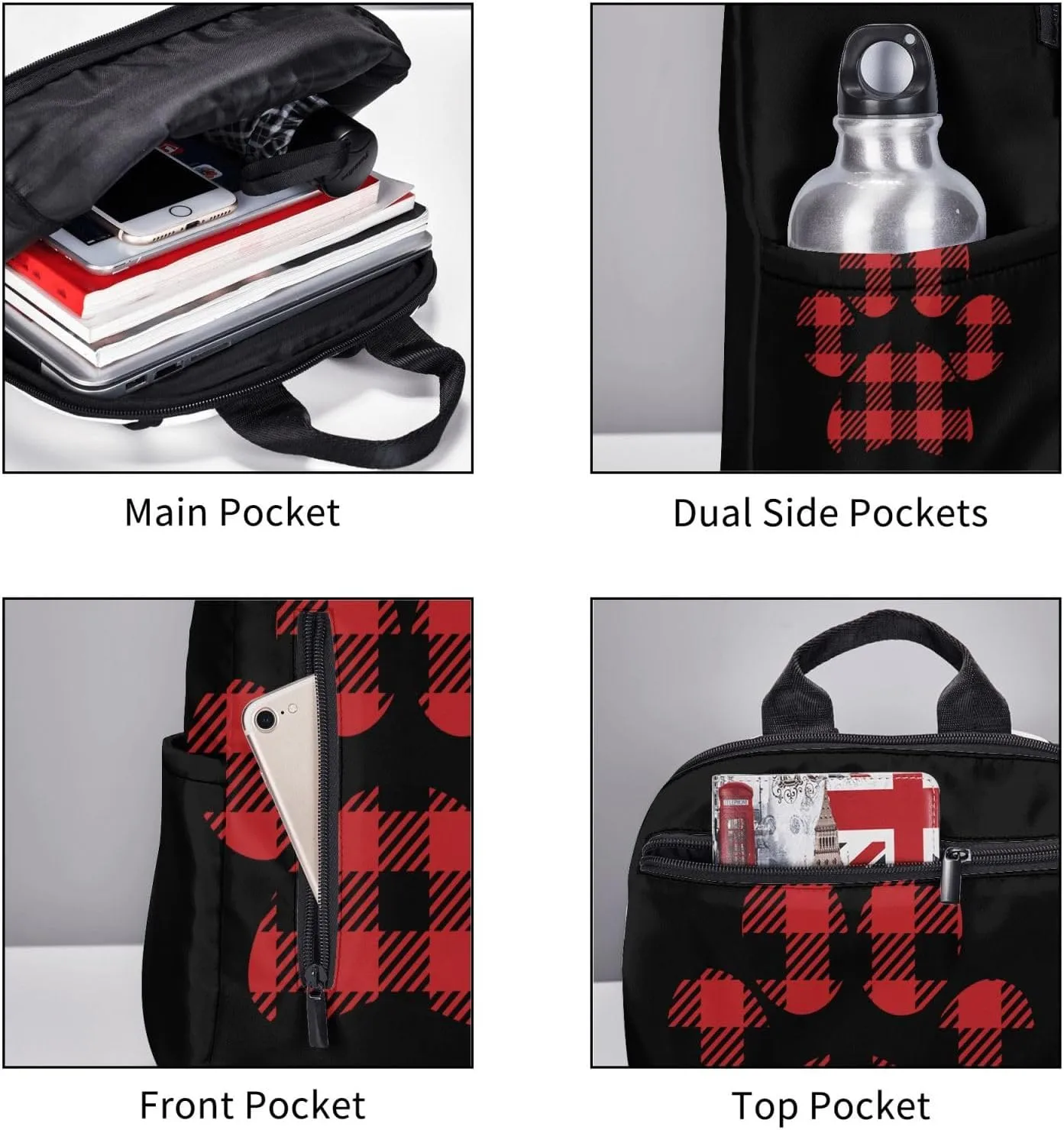 Buffalo Plaid Paw Casual Backpacks Large Capacity Laptop Backpack Sports Rucksack Travel Daypack Adjustable Shoulder Strap Work Bag for Outdoor Camping
