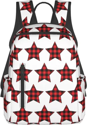 Buffalo Plaid Pentagram Star Casual Backpacks Large Capacity Laptop Backpack Sports Rucksack Travel Daypack Adjustable Shoulder Strap Work Bag for Outdoor Camping