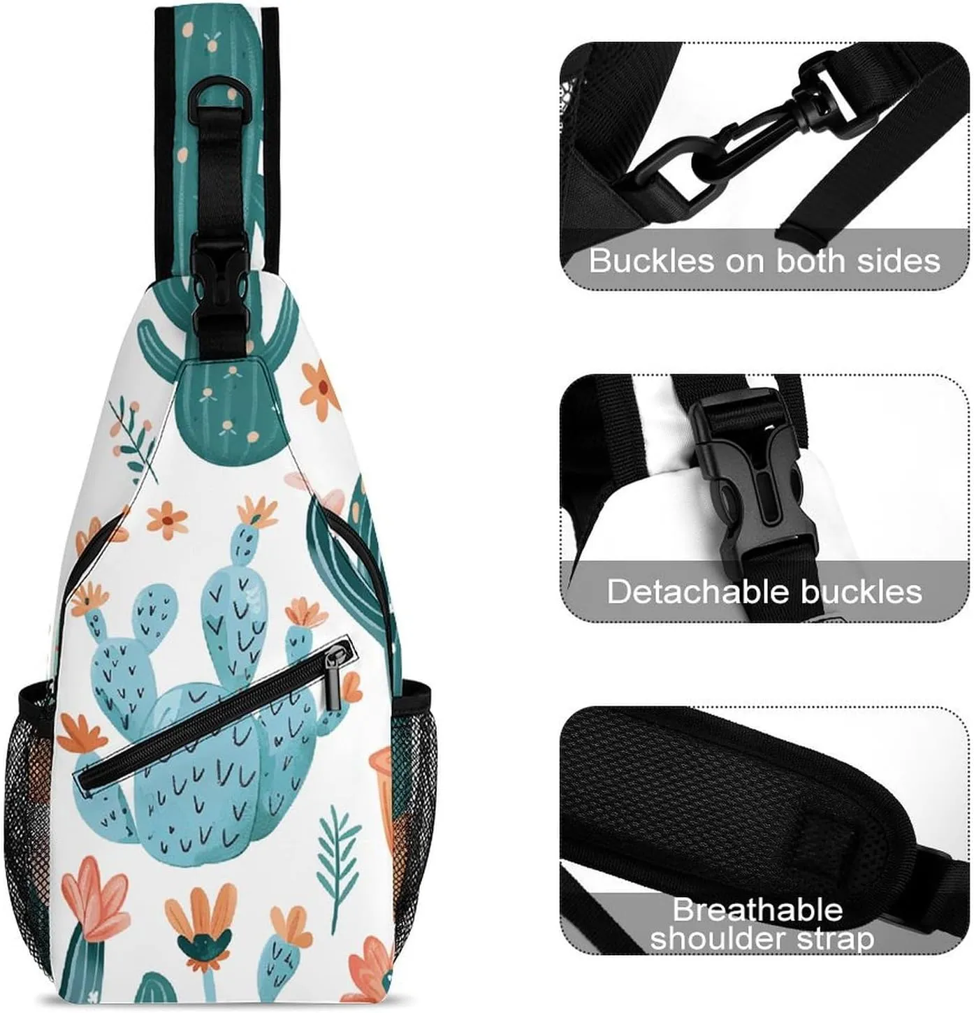 Cactus And Flowers Sling Bag Lightweight Crossbody Chest Pack Travel Shoulder Bag with Adjustable Strap