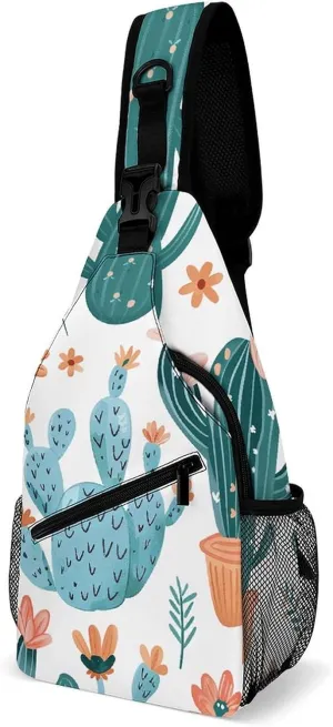 Cactus And Flowers Sling Bag Lightweight Crossbody Chest Pack Travel Shoulder Bag with Adjustable Strap