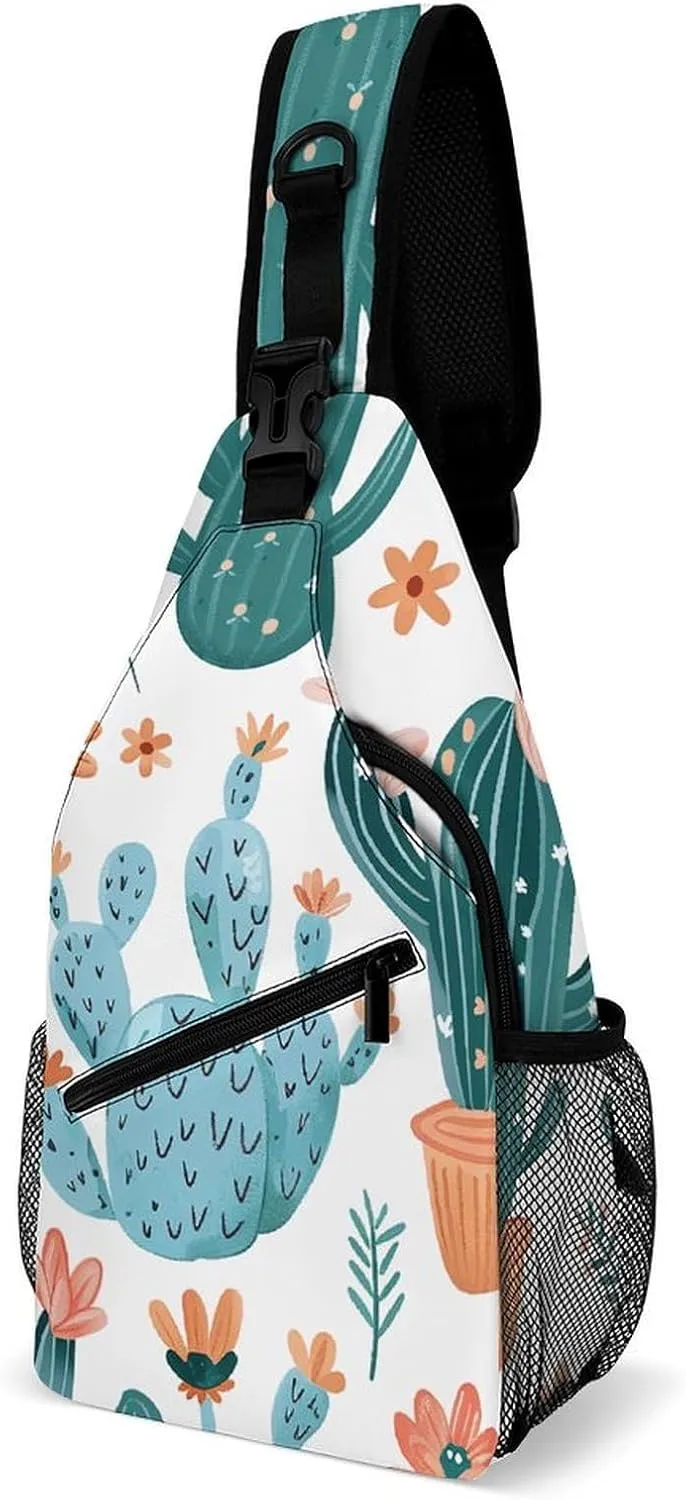 Cactus And Flowers Sling Bag Lightweight Crossbody Chest Pack Travel Shoulder Bag with Adjustable Strap