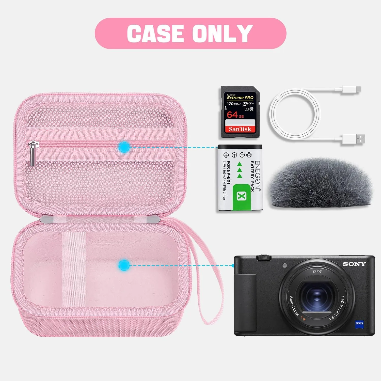 Camera Case for Sony ZV-1/ ZV-1F/ ZV-1 II Digital Camera for Content Creators and Vloggers, Camera Protective Box Hard Travel Storage Bag, Mesh Pocket fits Cable, Batteries, SD Card, Pink