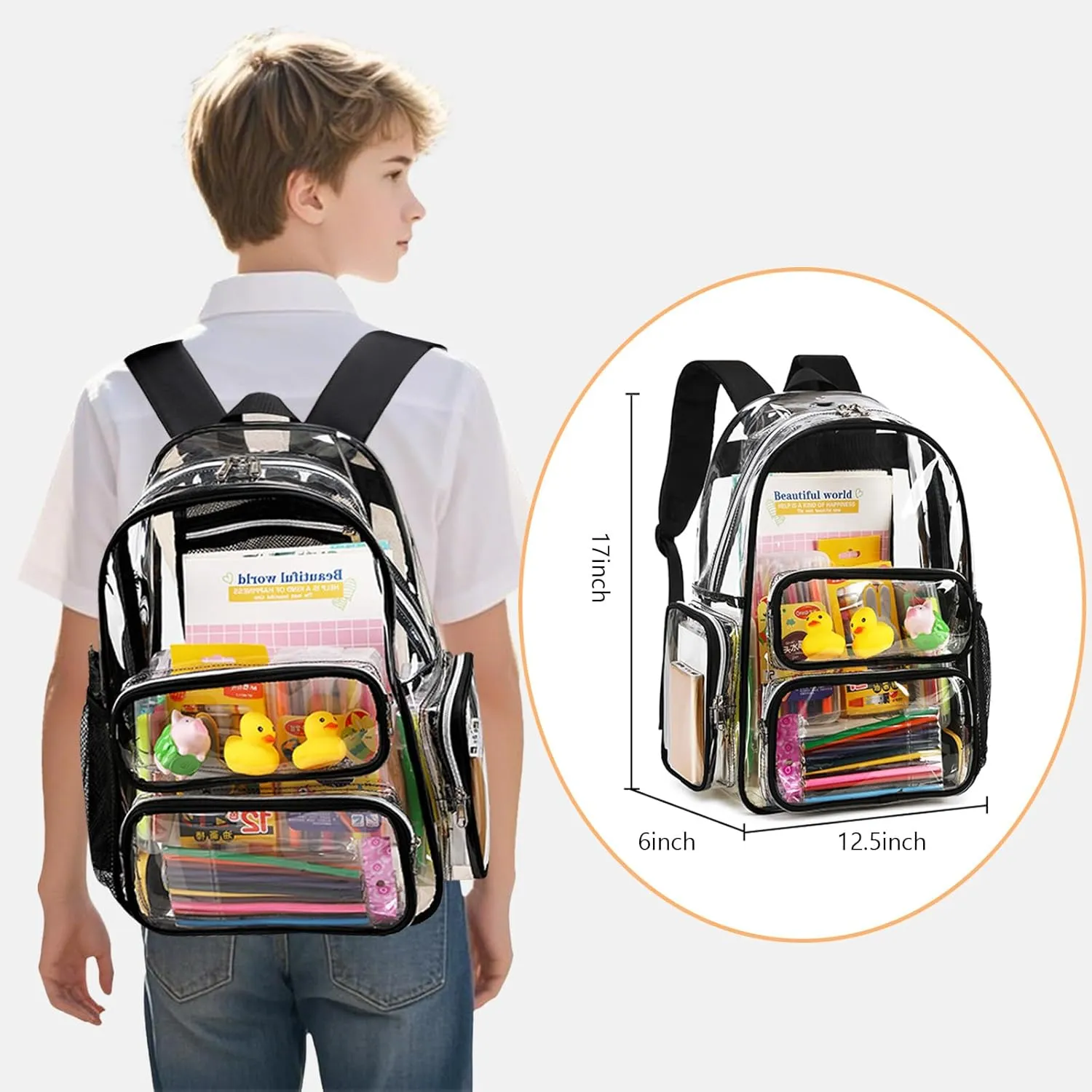 CAMTOP Clear Backpack Heavy Duty Transparent Bag See Through BookBag for Student School Work Festival Sport Travel (Black)
