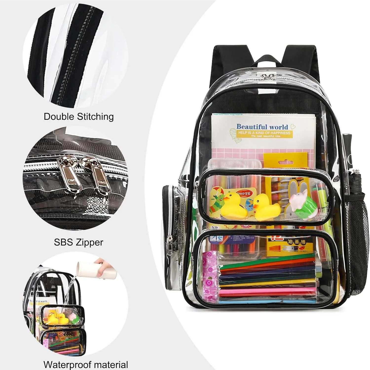CAMTOP Clear Backpack Heavy Duty Transparent Bag See Through BookBag for Student School Work Festival Sport Travel (Black)
