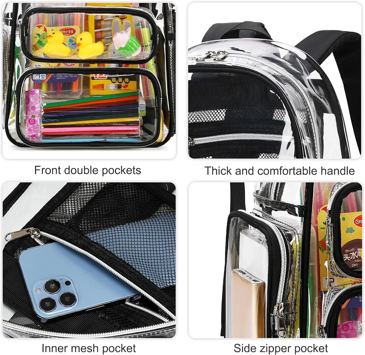 CAMTOP Clear Backpack Heavy Duty Transparent Bag See Through BookBag for Student School Work Festival Sport Travel (Black)