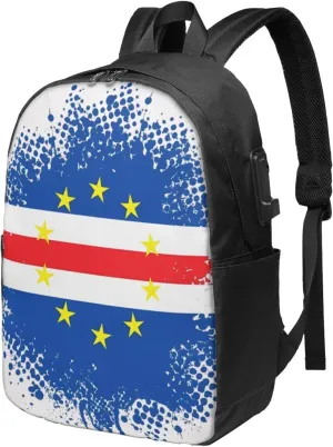 Cape Verde Cape Verdean Flag Travel Backpack 17-Inch Laptop Backpacks Business Rucksack Casual Sport Daypack with USB Charging Port Carry-on Bag for Camping Biking
