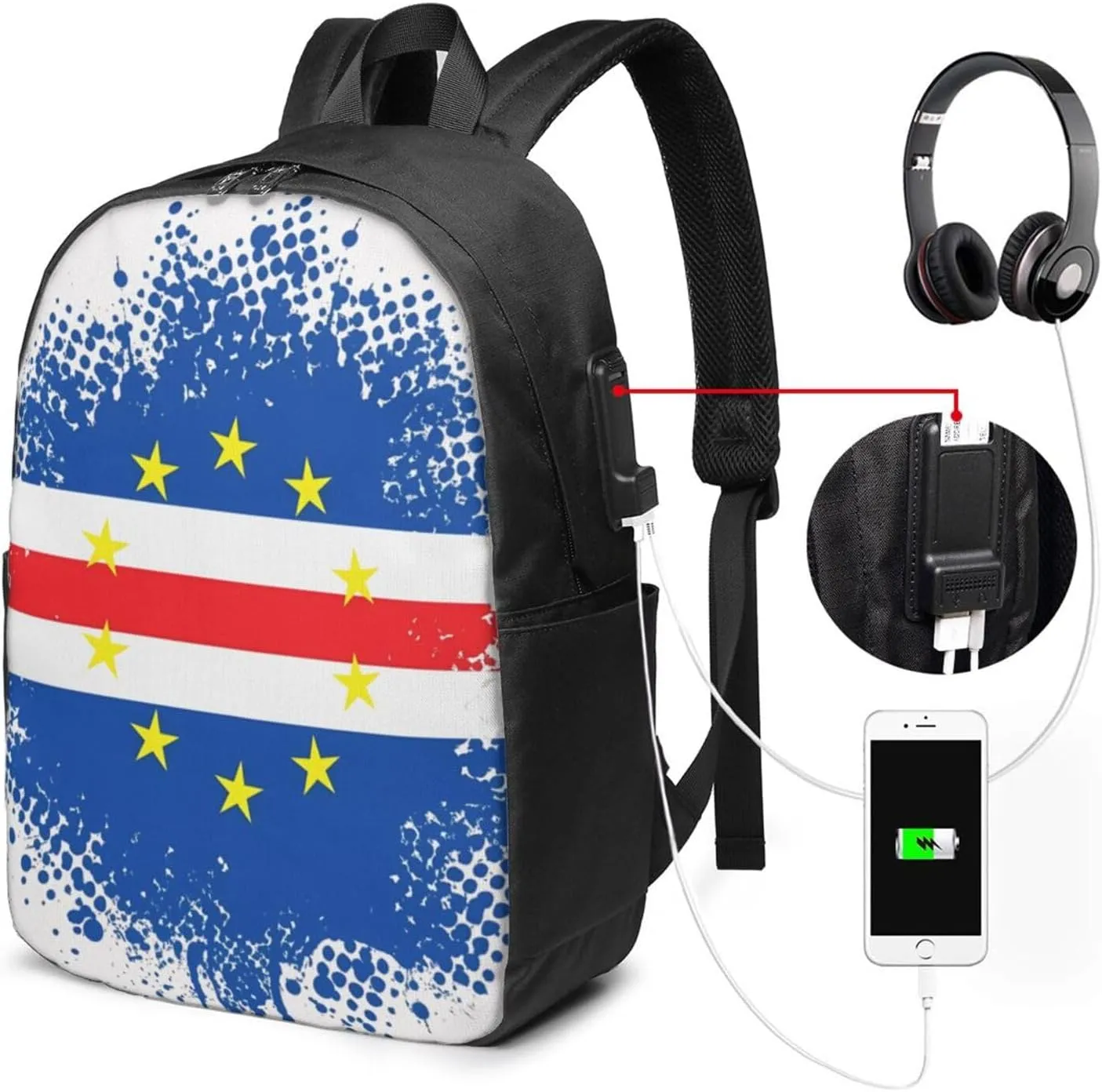 Cape Verde Cape Verdean Flag Travel Backpack 17-Inch Laptop Backpacks Business Rucksack Casual Sport Daypack with USB Charging Port Carry-on Bag for Camping Biking