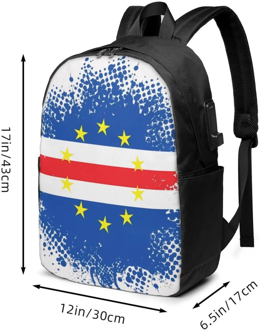 Cape Verde Cape Verdean Flag Travel Backpack 17-Inch Laptop Backpacks Business Rucksack Casual Sport Daypack with USB Charging Port Carry-on Bag for Camping Biking