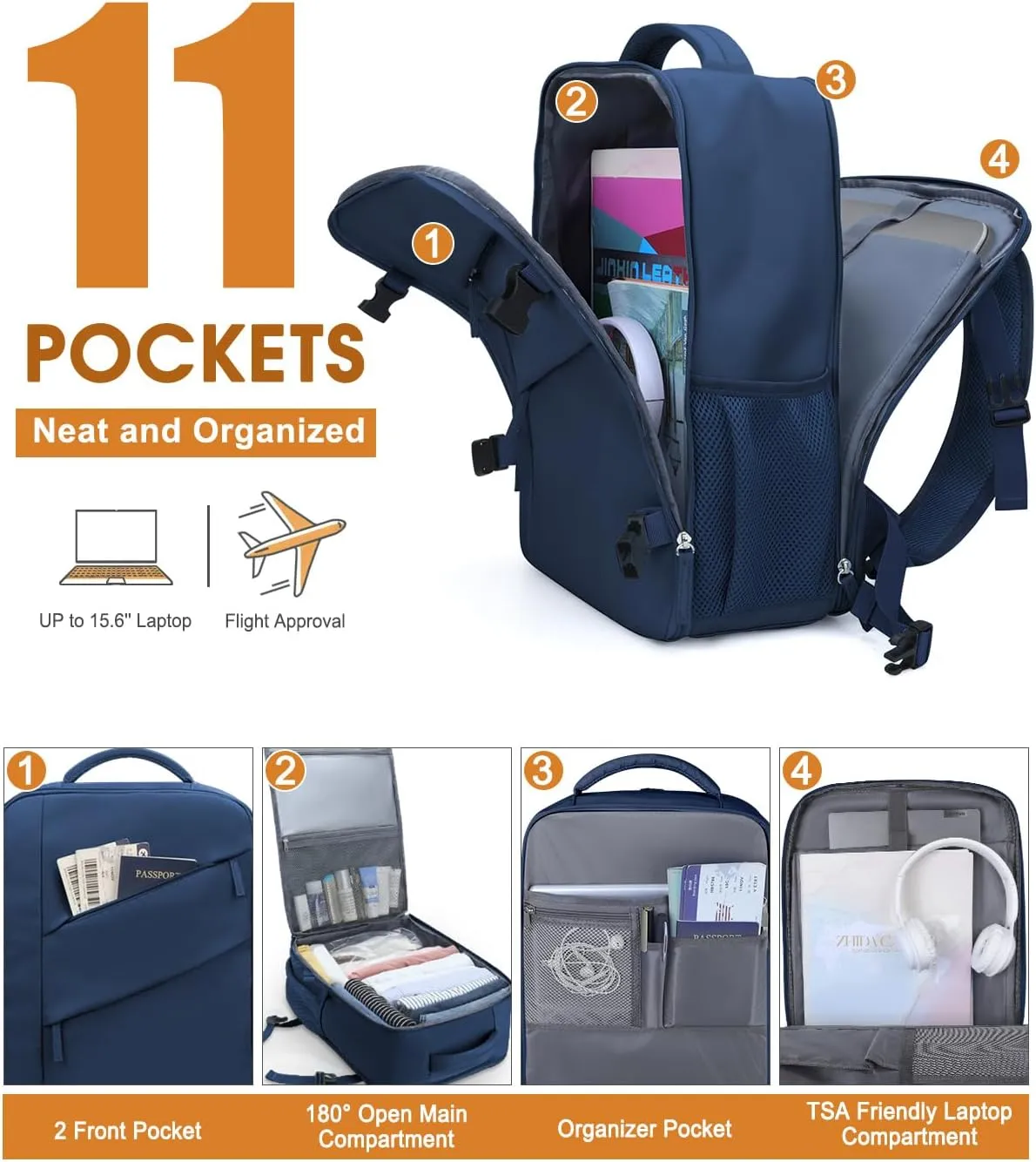 Capolo Travel Backpack for Women Men Waterproof Laptop Backpack Flight Approved Carry On Backpack Overnight Weekender Bag College Bookbag for Business, Work, Traveling Fits 15.6 '' Laptop,Navy Blue