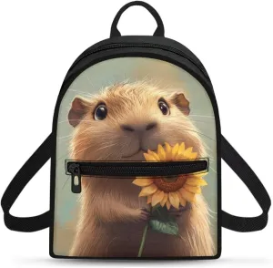 Capybara Sunflower Small Women's Backpack, Durable Polyester Mini Bag, Lightweight Shoulder Rucksack for Daily Essentials