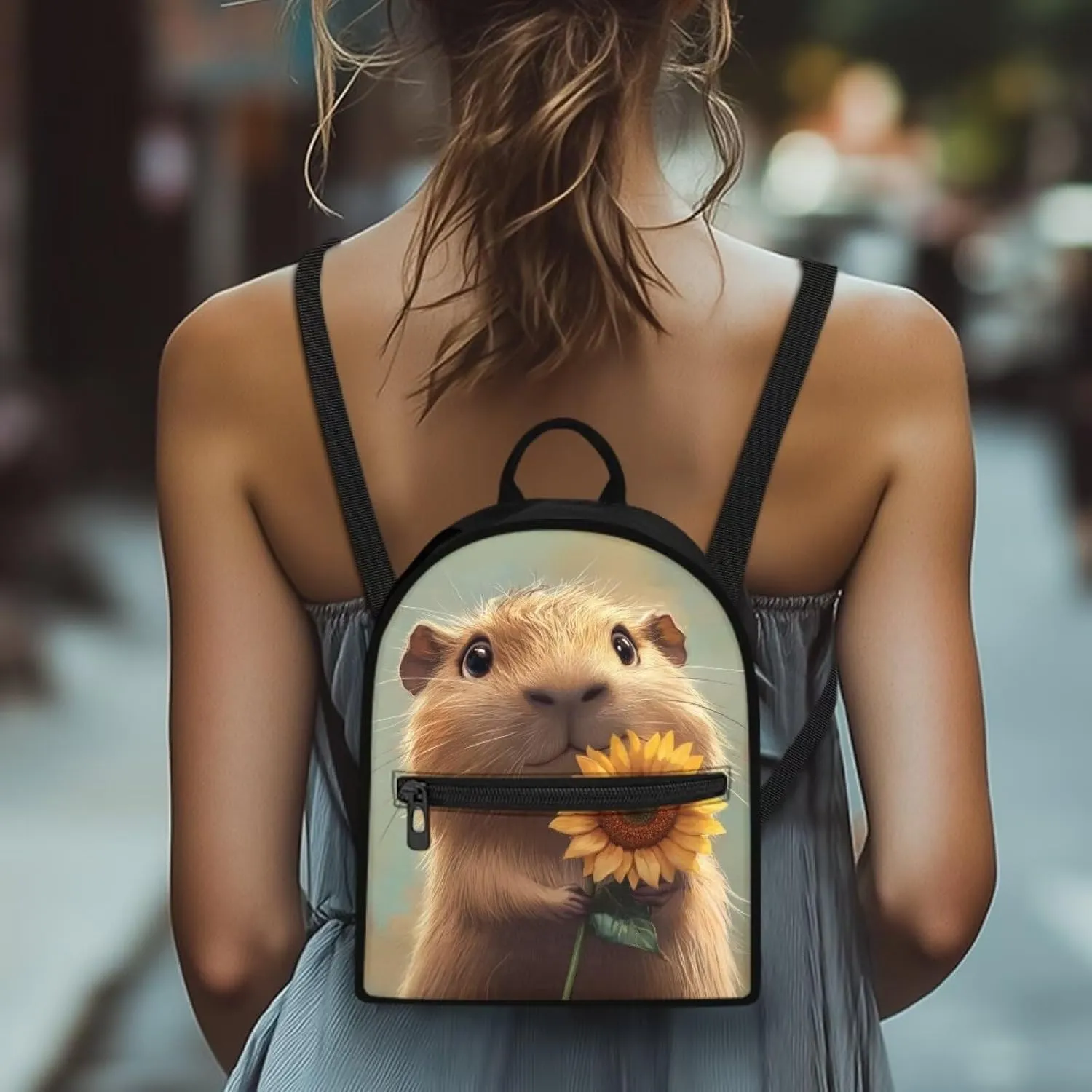 Capybara Sunflower Small Women's Backpack, Durable Polyester Mini Bag, Lightweight Shoulder Rucksack for Daily Essentials
