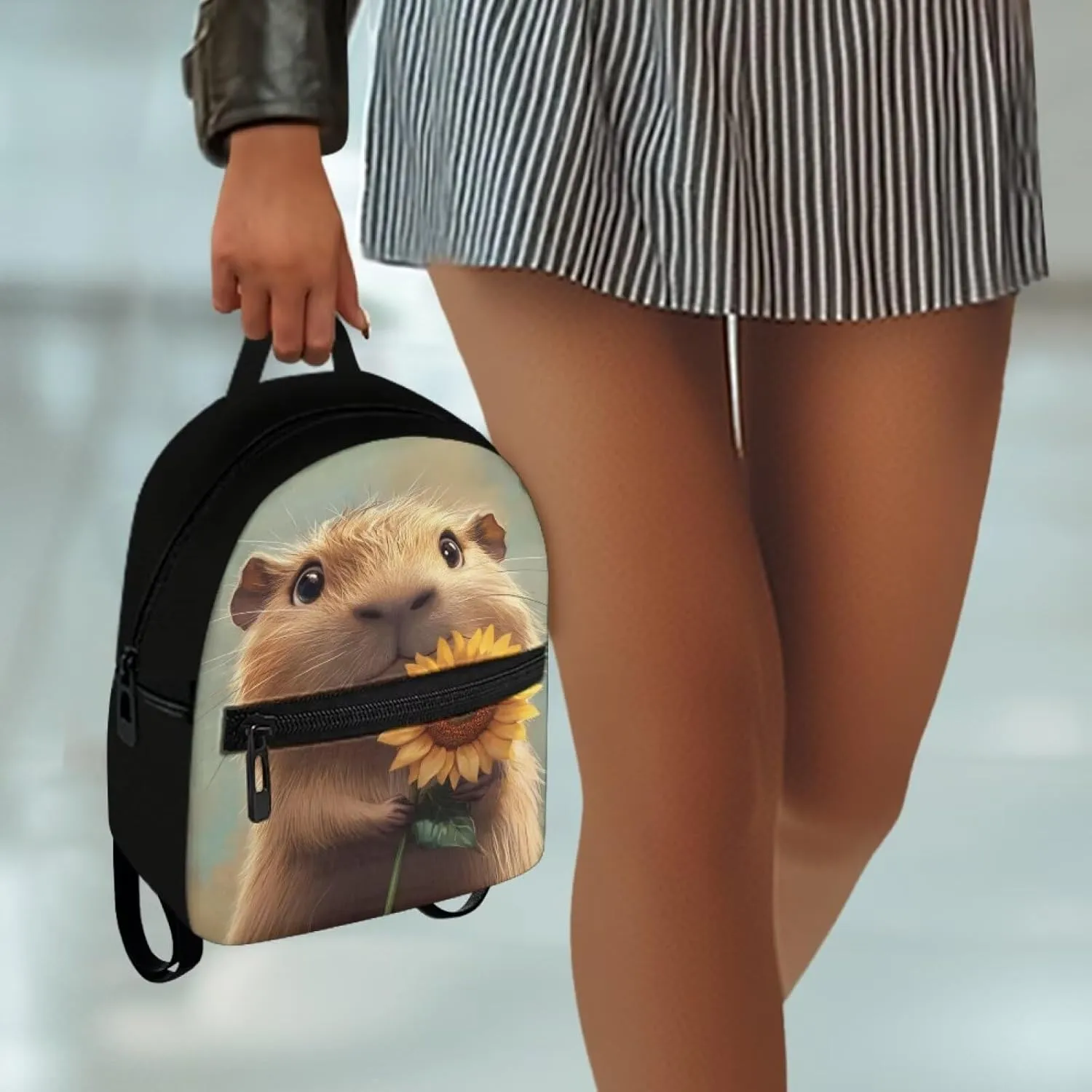 Capybara Sunflower Small Women's Backpack, Durable Polyester Mini Bag, Lightweight Shoulder Rucksack for Daily Essentials