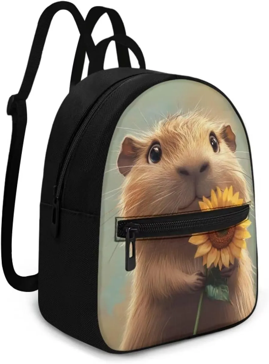 Capybara Sunflower Small Women's Backpack, Durable Polyester Mini Bag, Lightweight Shoulder Rucksack for Daily Essentials