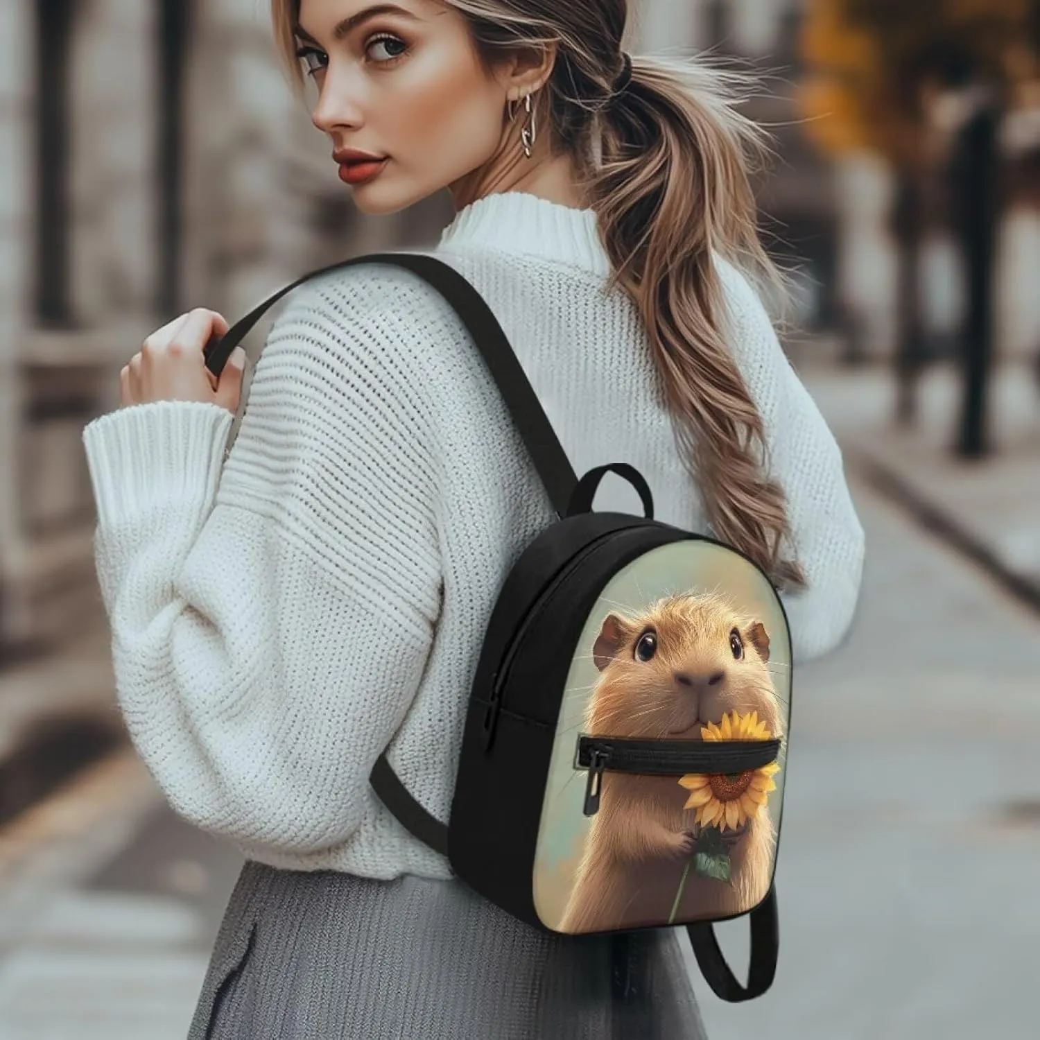 Capybara Sunflower Small Women's Backpack, Durable Polyester Mini Bag, Lightweight Shoulder Rucksack for Daily Essentials