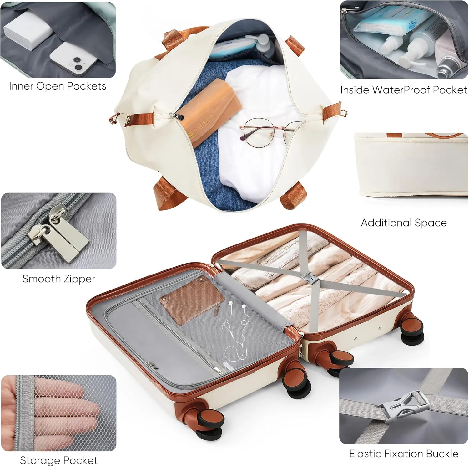 Carry on Luggage with Cup Holder and Front Pocket, Hard Shell Luggage Suitcase with USB Port, 20 Inch Rolling Luggage with Expandable Travel Bag (Lvory, 2 Piece Set)