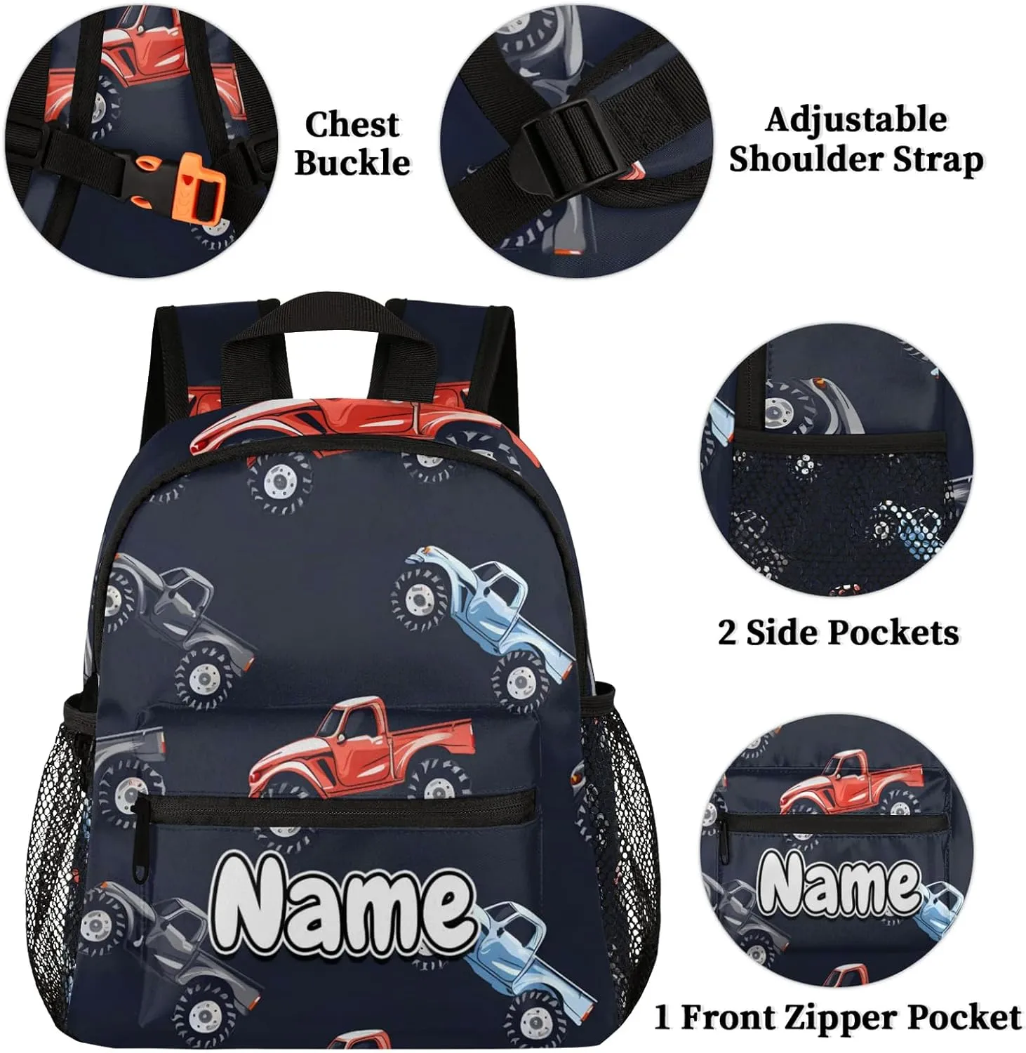 Cars Monster Truck Personalized Backpack Bag with Name Lightweight Custom Shoulder Bags Waterproof Casual Backpacks Travel Laptop Bag for Work Picnic 12in