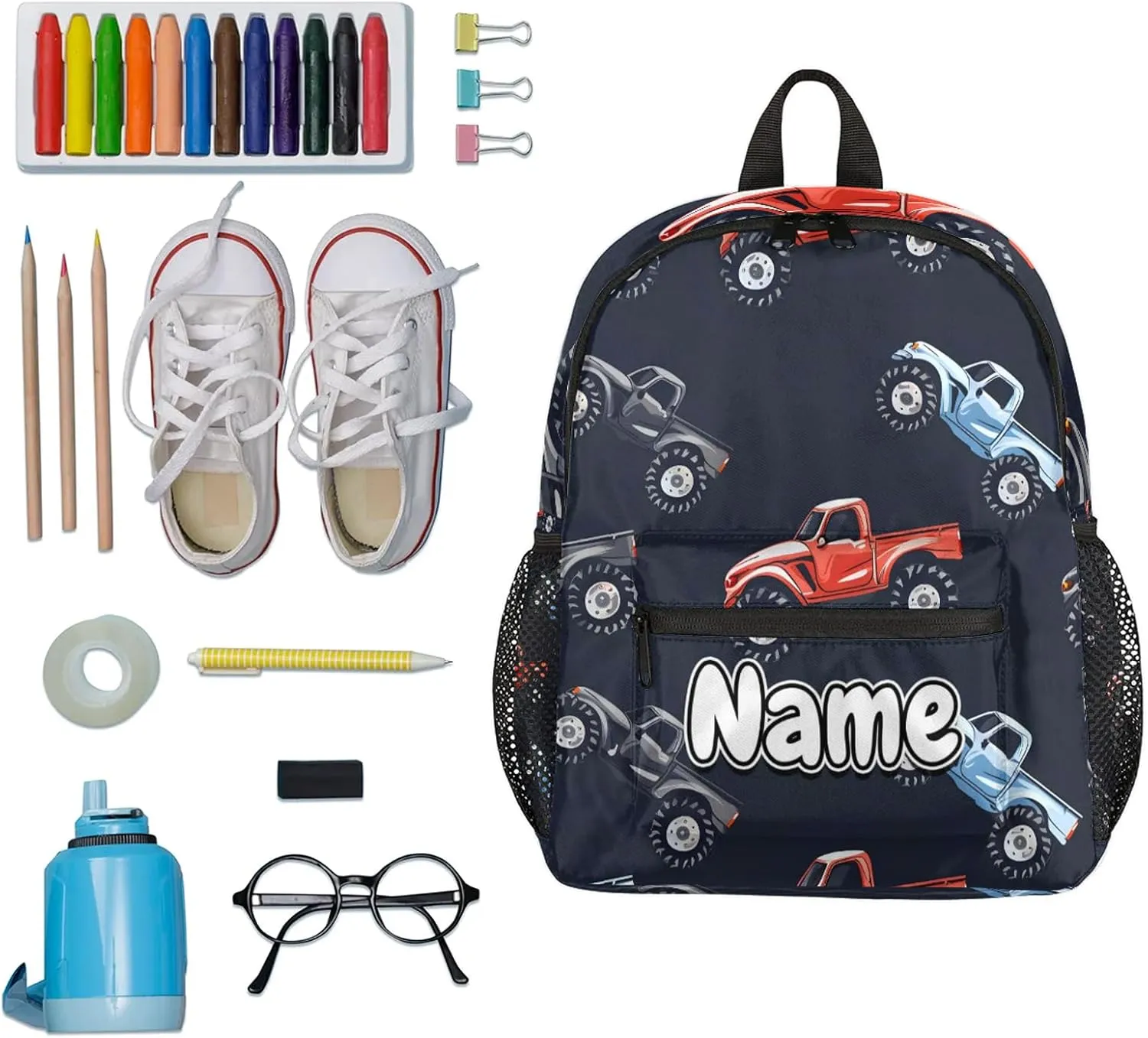 Cars Monster Truck Personalized Backpack Bag with Name Lightweight Custom Shoulder Bags Waterproof Casual Backpacks Travel Laptop Bag for Work Picnic 12in