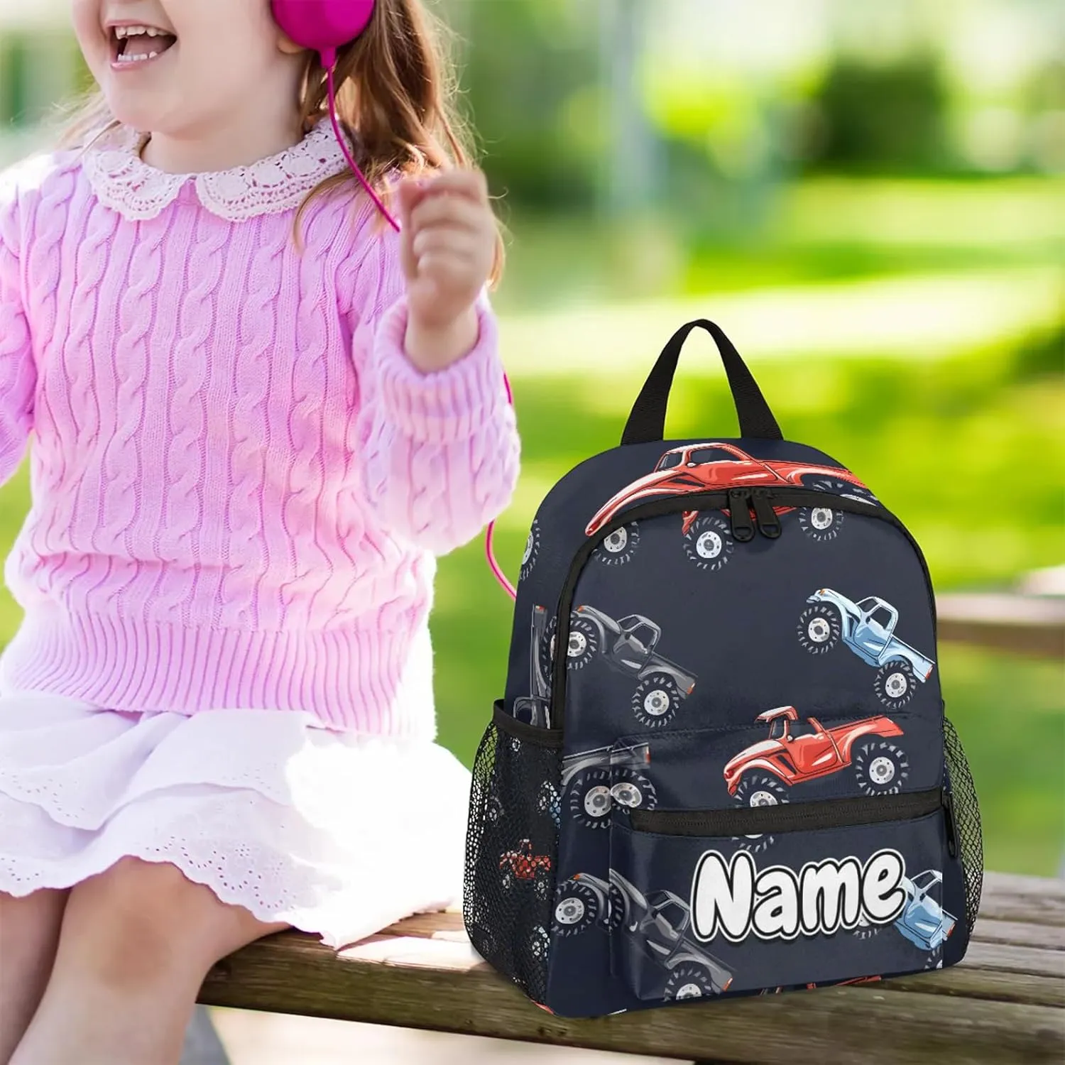 Cars Monster Truck Personalized Backpack Bag with Name Lightweight Custom Shoulder Bags Waterproof Casual Backpacks Travel Laptop Bag for Work Picnic 12in