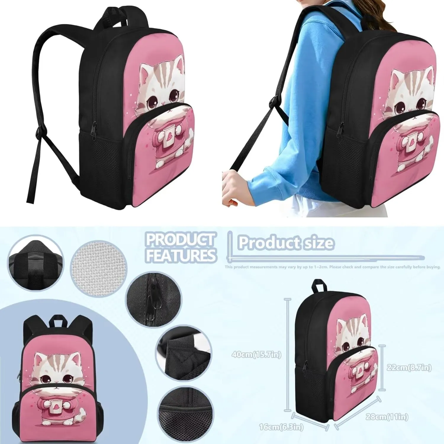 Cartoon Cat Kids Backpack Set for Girls 4-6 Stylish School Bag Lunch Box Water Bottle Holder Set with Pen Pouch Bag for Girls Boys Over 3 in 1 Backpack for 3 Years Old Kids
