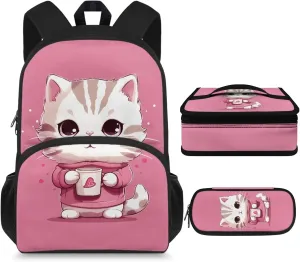 Cartoon Cat Kids Backpack Set for Girls 4-6 Stylish School Bag Lunch Box Water Bottle Holder Set with Pen Pouch Bag for Girls Boys Over 3 in 1 Backpack for 3 Years Old Kids