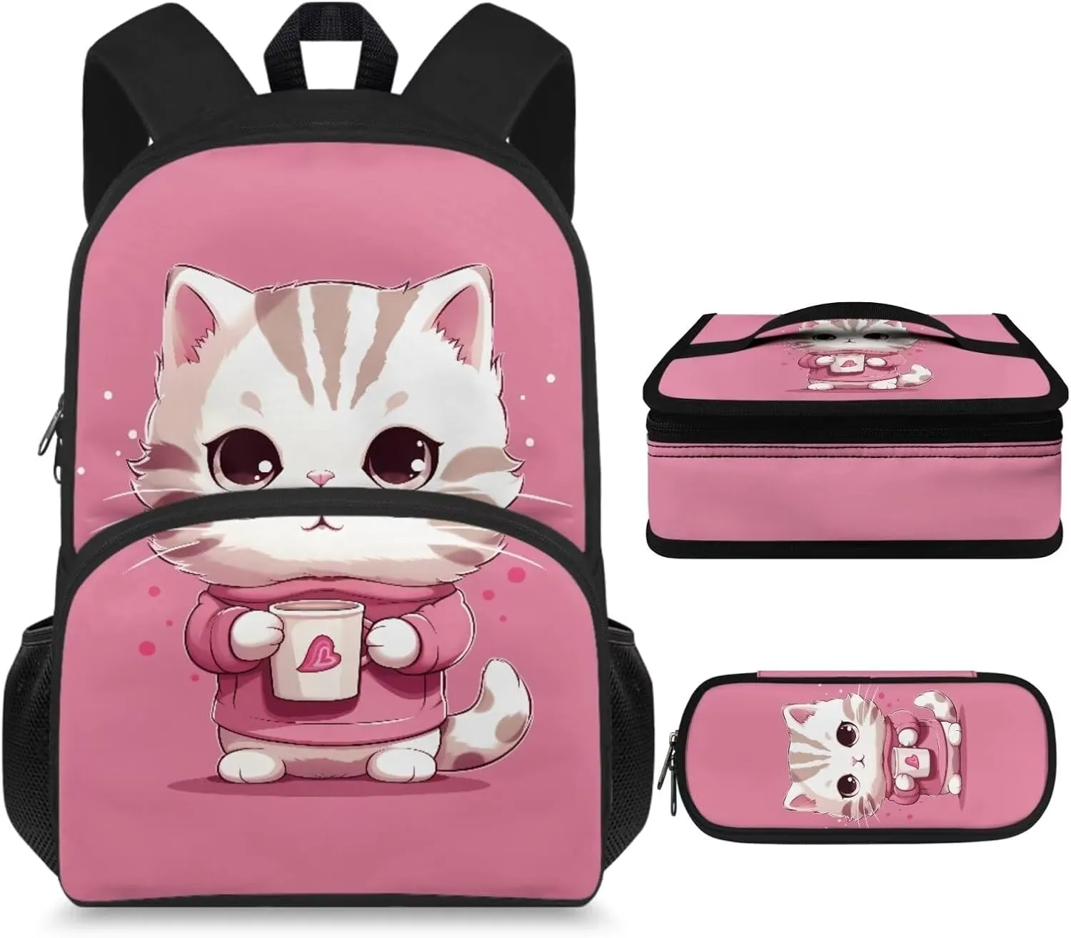 Cartoon Cat Kids Backpack Set for Girls 4-6 Stylish School Bag Lunch Box Water Bottle Holder Set with Pen Pouch Bag for Girls Boys Over 3 in 1 Backpack for 3 Years Old Kids