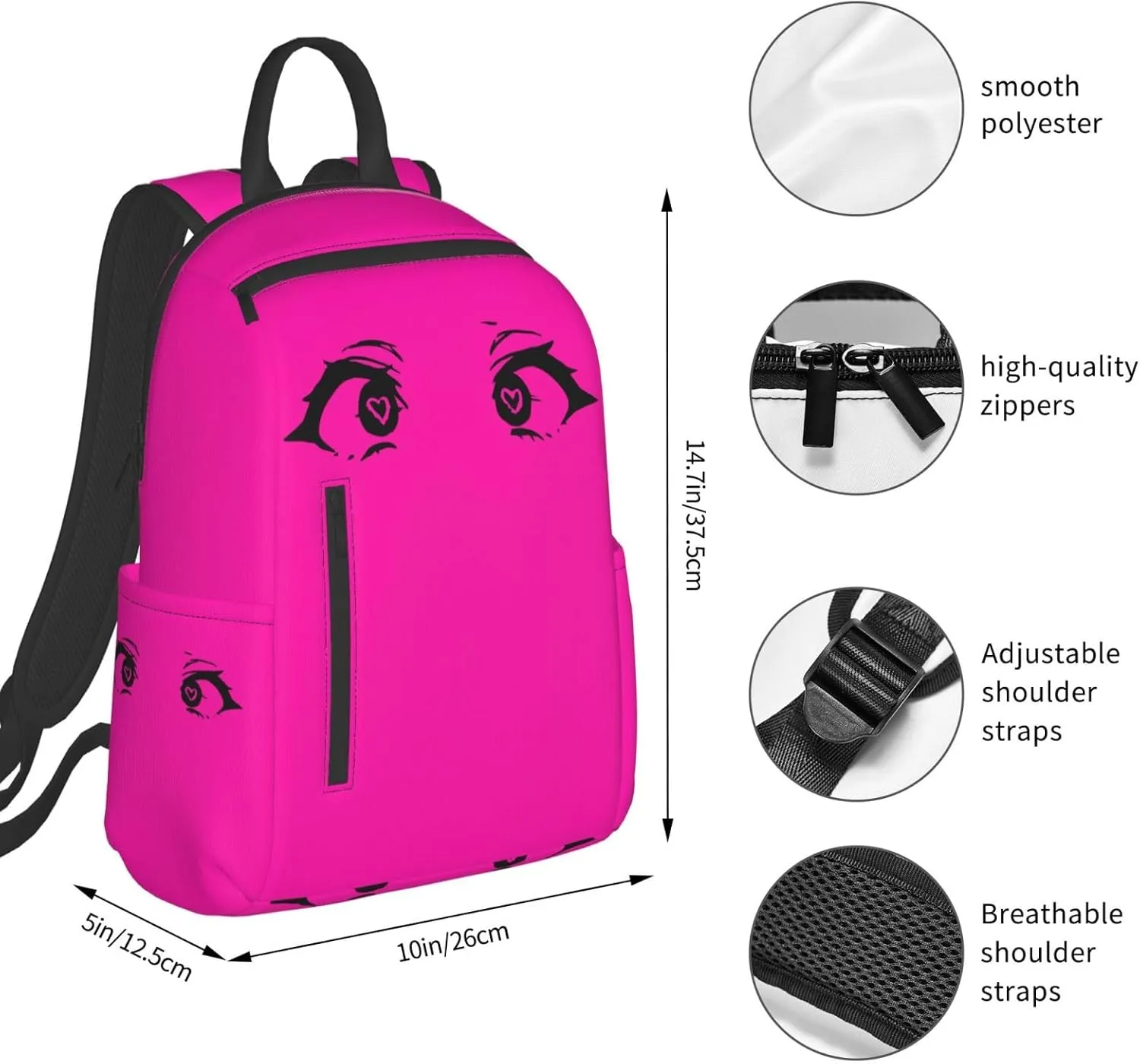 Cartoon Cute Hearts Eyes Casual Backpacks Large Capacity Laptop Backpack Sports Rucksack Travel Daypack Adjustable Shoulder Strap Work Bag for Outdoor Camping