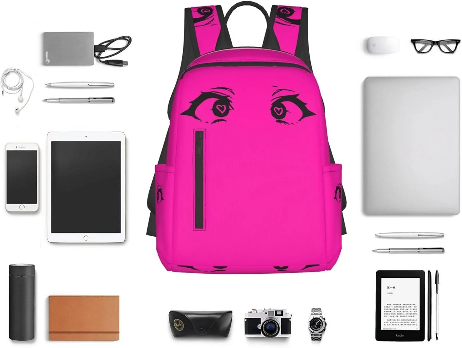 Cartoon Cute Hearts Eyes Casual Backpacks Large Capacity Laptop Backpack Sports Rucksack Travel Daypack Adjustable Shoulder Strap Work Bag for Outdoor Camping