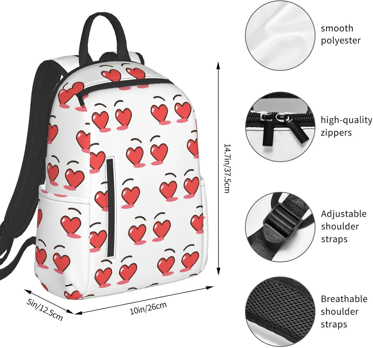 Cartoon Cute Love Hearts Eyes Casual Backpacks Large Capacity Laptop Backpack Sports Fitness Rucksack Travel Carry-On Daypack Adjustable Shoulder Strap Work Bag for Outdoor Camping