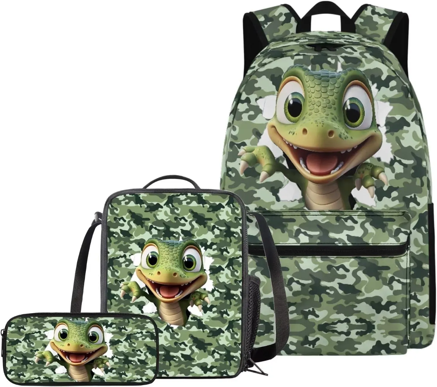 Cartoon Dinosaur Camo 3 Piece Middle School Backpacks for Boys Girls with Lunch Bag Insulated Stationery Pencil Bag Lightweight Laptop Bookbag Travel Casual Daypack Rucksack