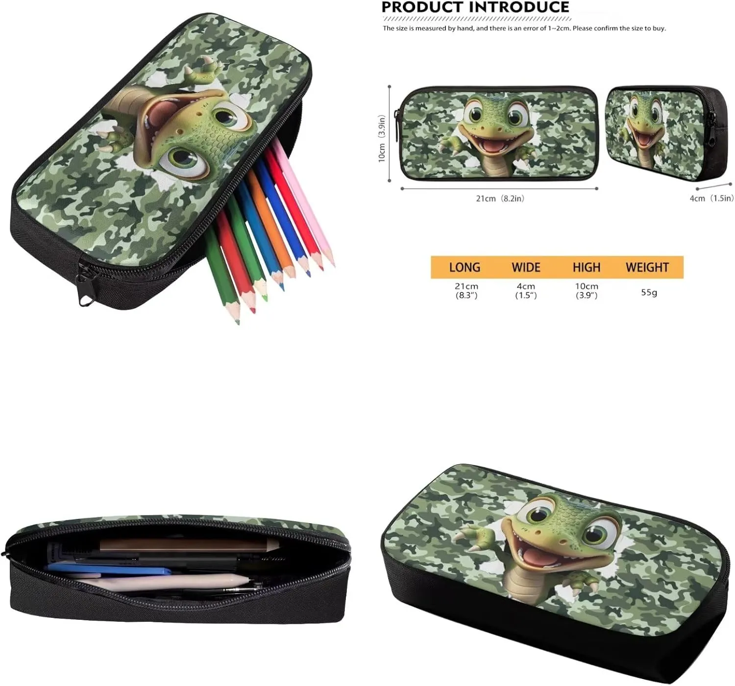 Cartoon Dinosaur Camo 3 Piece Middle School Backpacks for Boys Girls with Lunch Bag Insulated Stationery Pencil Bag Lightweight Laptop Bookbag Travel Casual Daypack Rucksack