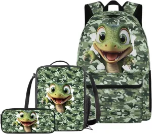 Cartoon Dinosaur Camo 3 Piece Middle School Backpacks for Boys Girls with Lunch Bag Insulated Stationery Pencil Bag Lightweight Laptop Bookbag Travel Casual Daypack Rucksack