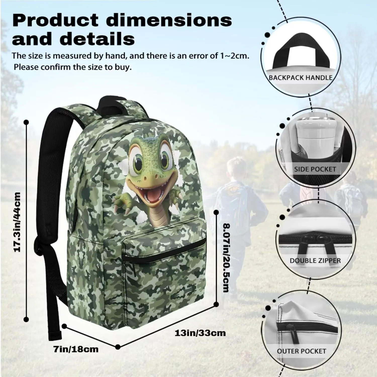 Cartoon Dinosaur Camo 3 Piece Middle School Backpacks for Boys Girls with Lunch Bag Insulated Stationery Pencil Bag Lightweight Laptop Bookbag Travel Casual Daypack Rucksack