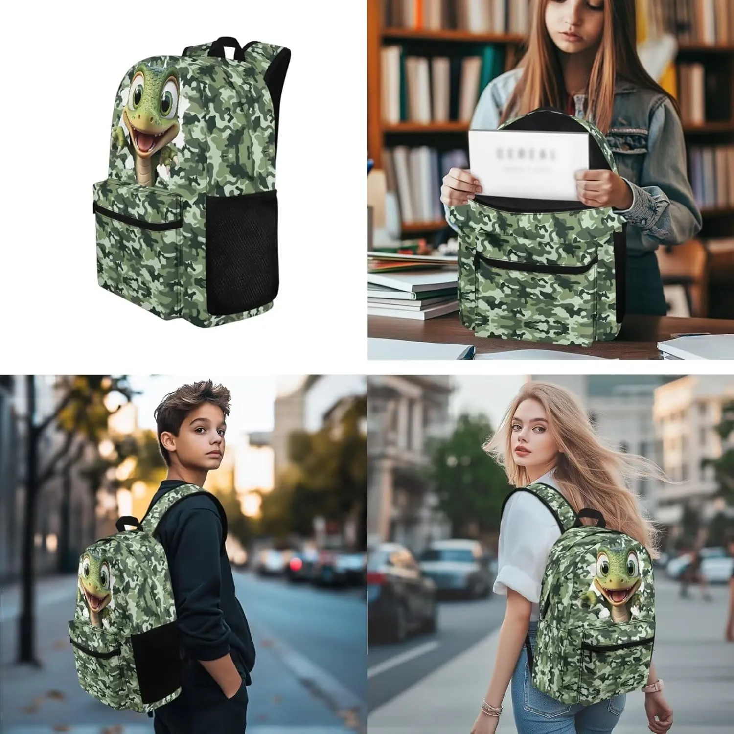 Cartoon Dinosaur Camo 3 Piece Middle School Backpacks for Boys Girls with Lunch Bag Insulated Stationery Pencil Bag Lightweight Laptop Bookbag Travel Casual Daypack Rucksack