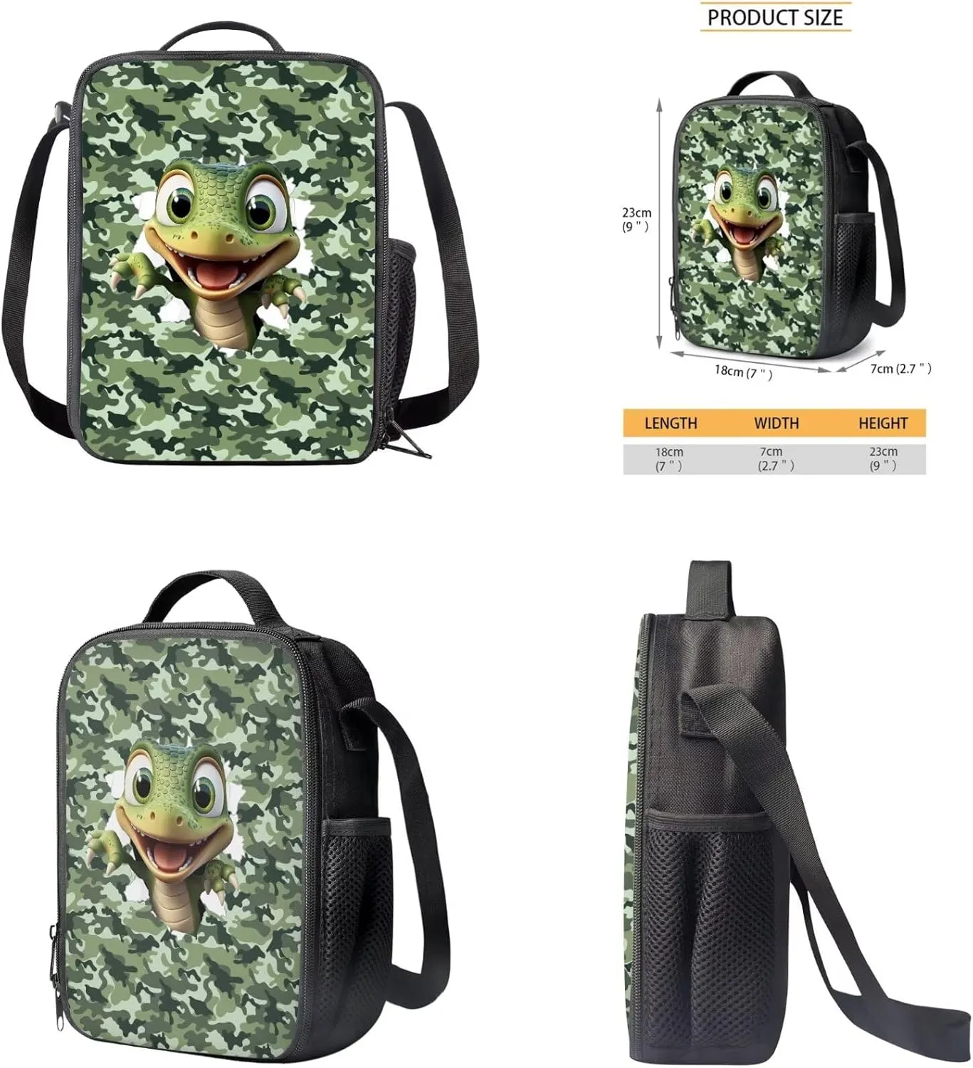 Cartoon Dinosaur Camo 3 Piece Middle School Backpacks for Boys Girls with Lunch Bag Insulated Stationery Pencil Bag Lightweight Laptop Bookbag Travel Casual Daypack Rucksack