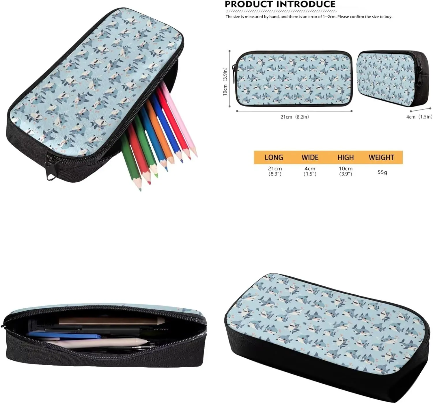 Cartoon Shark Print Kids Backpack Set, 3 in 1 Lightweight School Bag with Lunch Box Pencil Case, 17" Cute Backpacks Bookbag