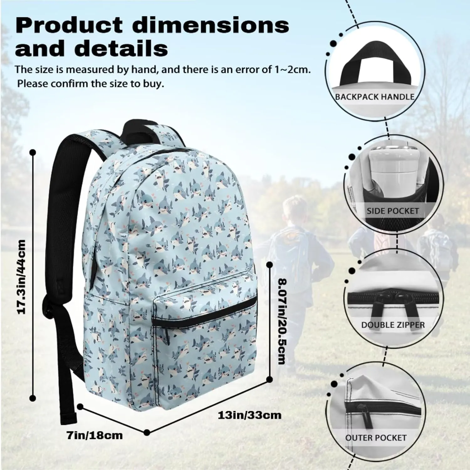 Cartoon Shark Print Kids Backpack Set, 3 in 1 Lightweight School Bag with Lunch Box Pencil Case, 17" Cute Backpacks Bookbag