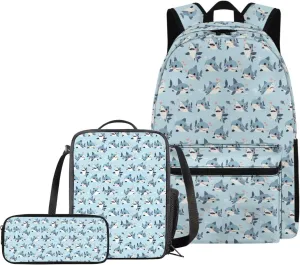 Cartoon Shark Print Kids Backpack Set, 3 in 1 Lightweight School Bag with Lunch Box Pencil Case, 17" Cute Backpacks Bookbag