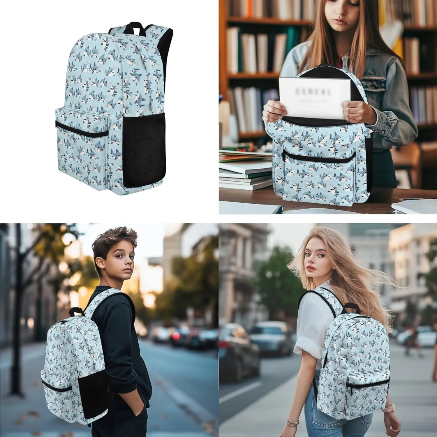 Cartoon Shark Print Kids Backpack Set, 3 in 1 Lightweight School Bag with Lunch Box Pencil Case, 17" Cute Backpacks Bookbag