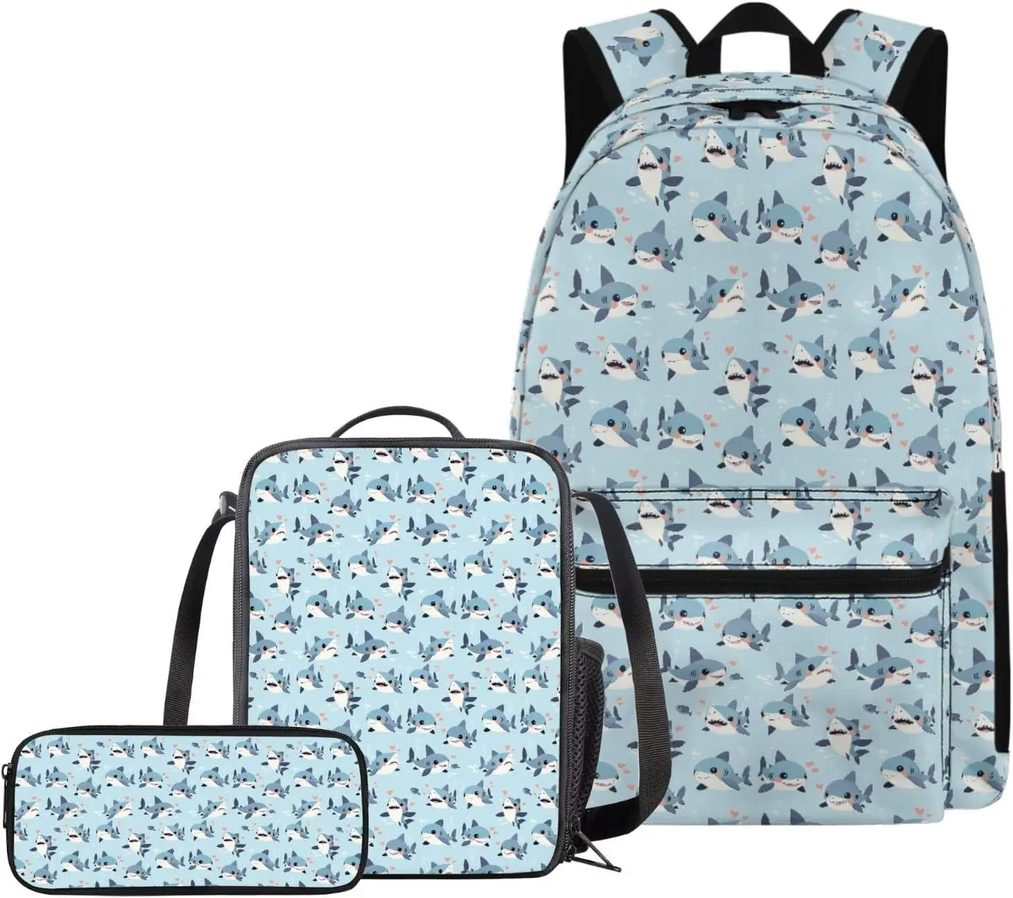 Cartoon Shark Print Kids Backpack Set, 3 in 1 Lightweight School Bag with Lunch Box Pencil Case, 17" Cute Backpacks Bookbag