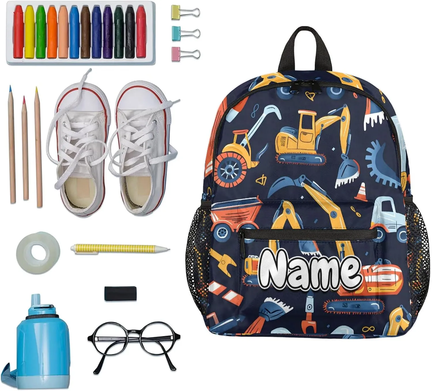 Cartoon Vehicle Construction Car Personalized Backpack Bag with Name Lightweight Custom Shoulder Bags Waterproof Casual Backpacks Travel Laptop Bag for Work Picnic 12in