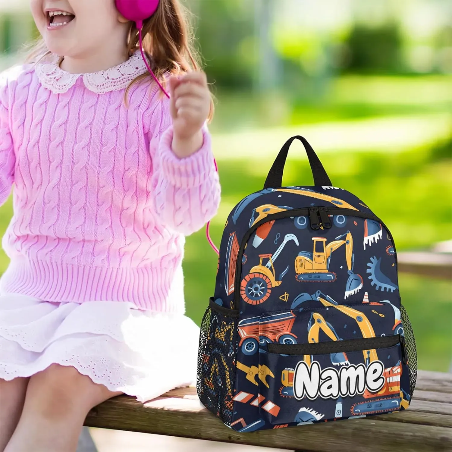 Cartoon Vehicle Construction Car Personalized Backpack Bag with Name Lightweight Custom Shoulder Bags Waterproof Casual Backpacks Travel Laptop Bag for Work Picnic 12in