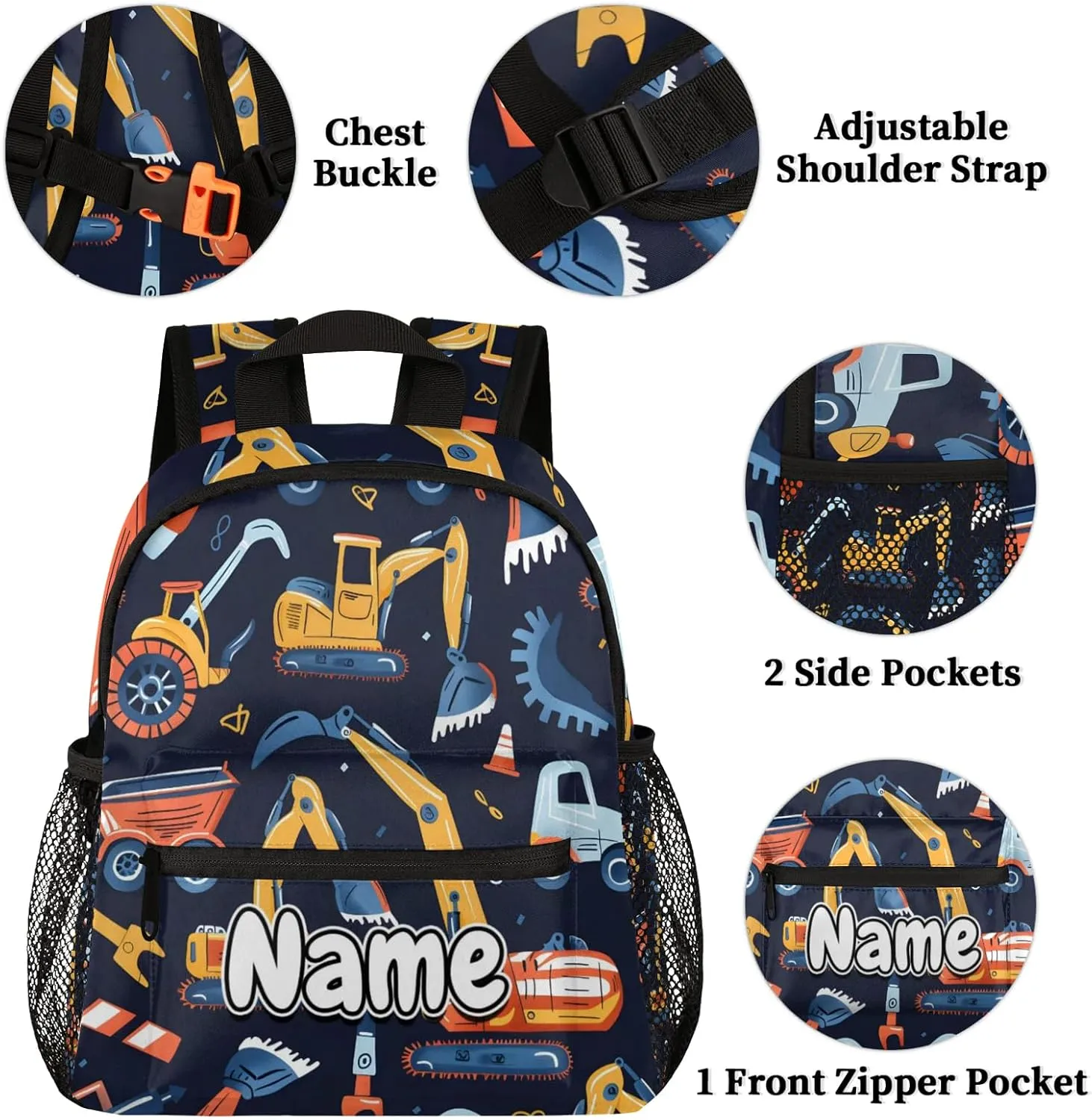 Cartoon Vehicle Construction Car Personalized Backpack Bag with Name Lightweight Custom Shoulder Bags Waterproof Casual Backpacks Travel Laptop Bag for Work Picnic 12in