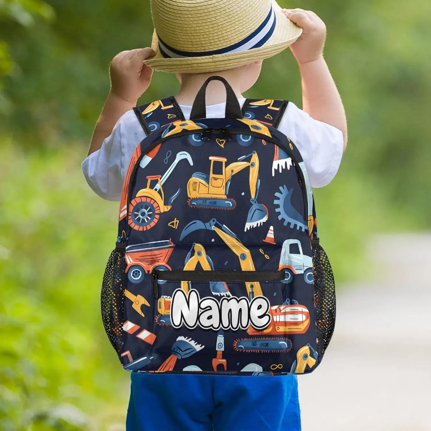 Cartoon Vehicle Construction Car Personalized Backpack Bag with Name Lightweight Custom Shoulder Bags Waterproof Casual Backpacks Travel Laptop Bag for Work Picnic 12in