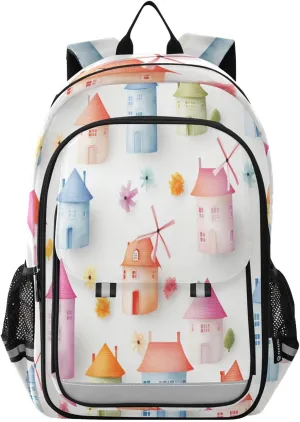 Cartoon Windmill House Backpack Kids School Bag Lightweight Laptop Backpack Elementary Capacity Student Bookbags for Travel Daypack with Reflective Stripes