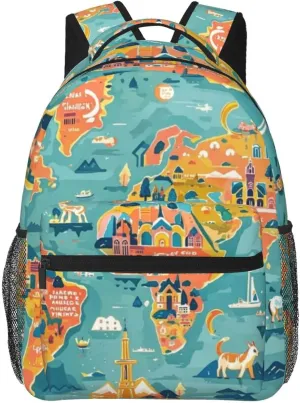 Cartoon World Map Landmarks Animals Adult Backpacks 15 Inch Laptop Backpack Double Shoulder Bag for Work Travel Gifts