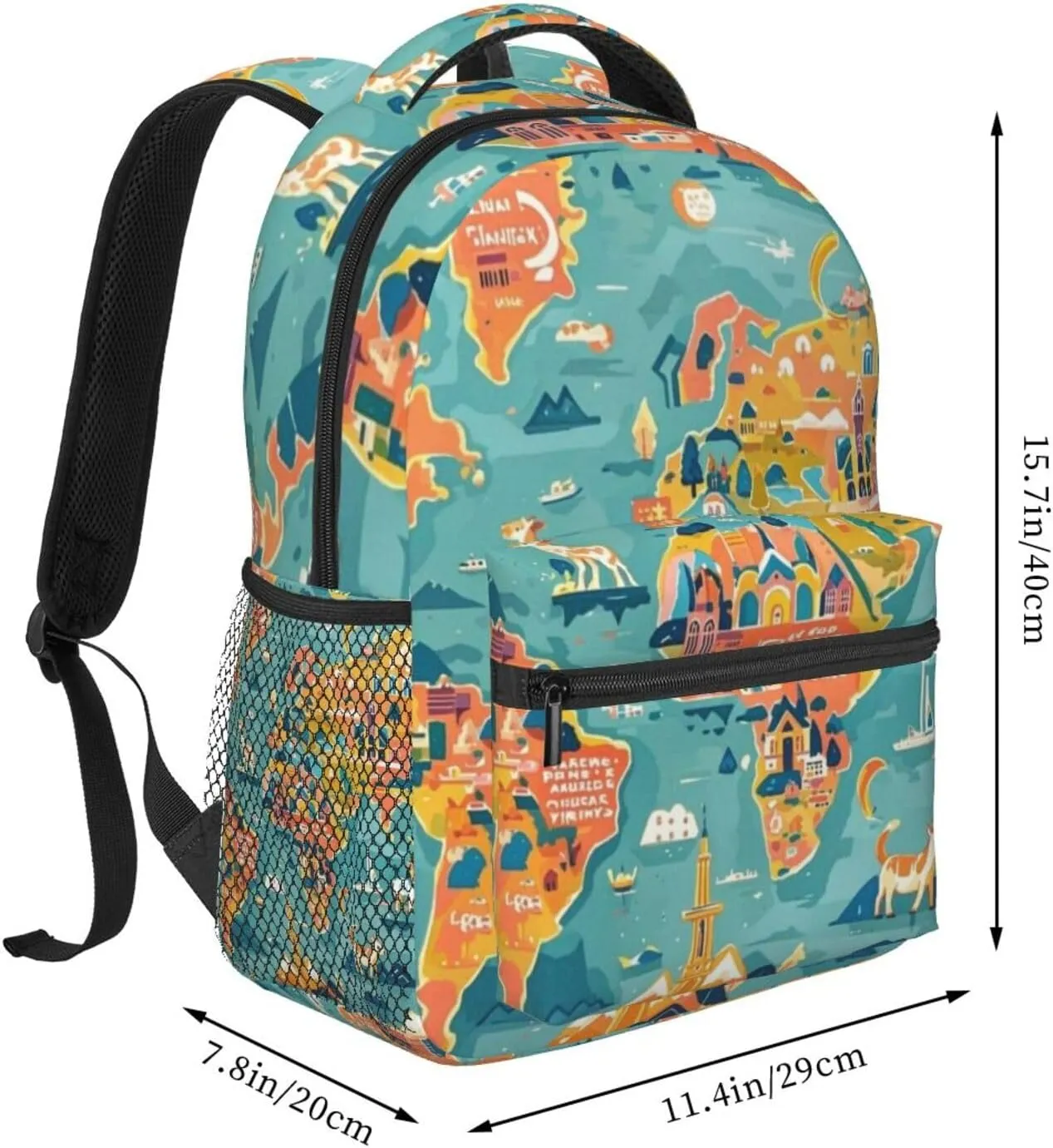 Cartoon World Map Landmarks Animals Adult Backpacks 15 Inch Laptop Backpack Double Shoulder Bag for Work Travel Gifts