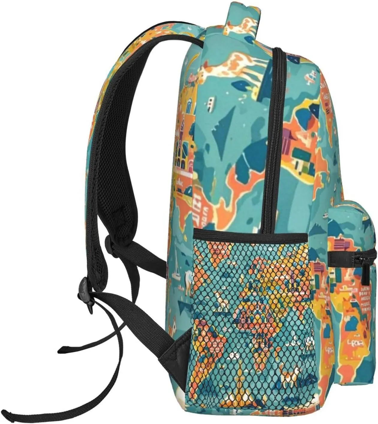 Cartoon World Map Landmarks Animals Adult Backpacks 15 Inch Laptop Backpack Double Shoulder Bag for Work Travel Gifts