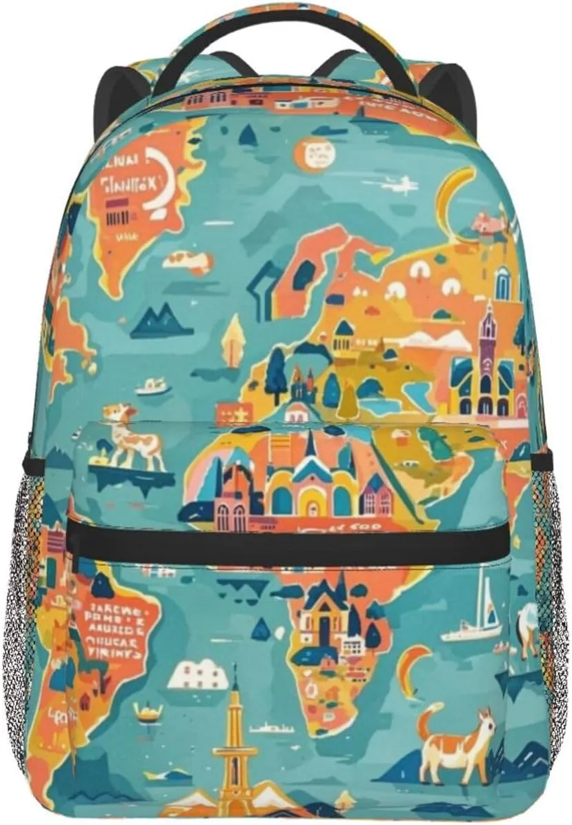 Cartoon World Map Landmarks Animals Adult Backpacks 15 Inch Laptop Backpack Double Shoulder Bag for Work Travel Gifts