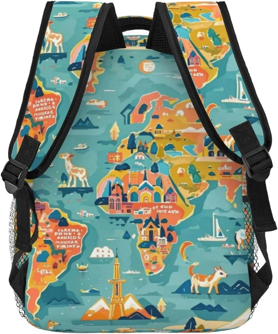 Cartoon World Map Landmarks Animals Adult Backpacks 15 Inch Laptop Backpack Double Shoulder Bag for Work Travel Gifts