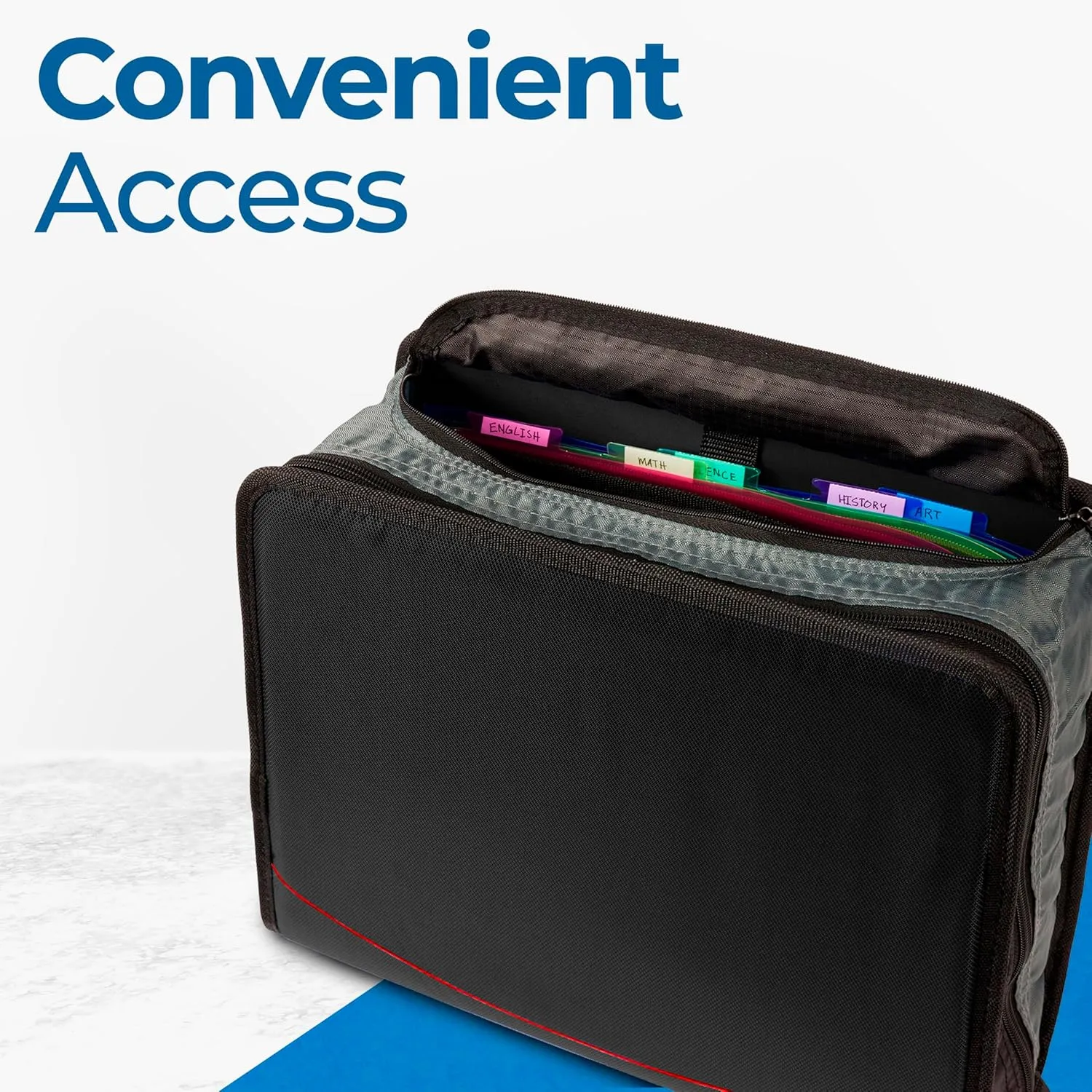 Case-it Mighty Zip Tab Zipper Binder, 3" O-Ring with 5-Color tabs, Expanding File Folder and Shoulder Strap and Handle, D-146-JBK Jet Black